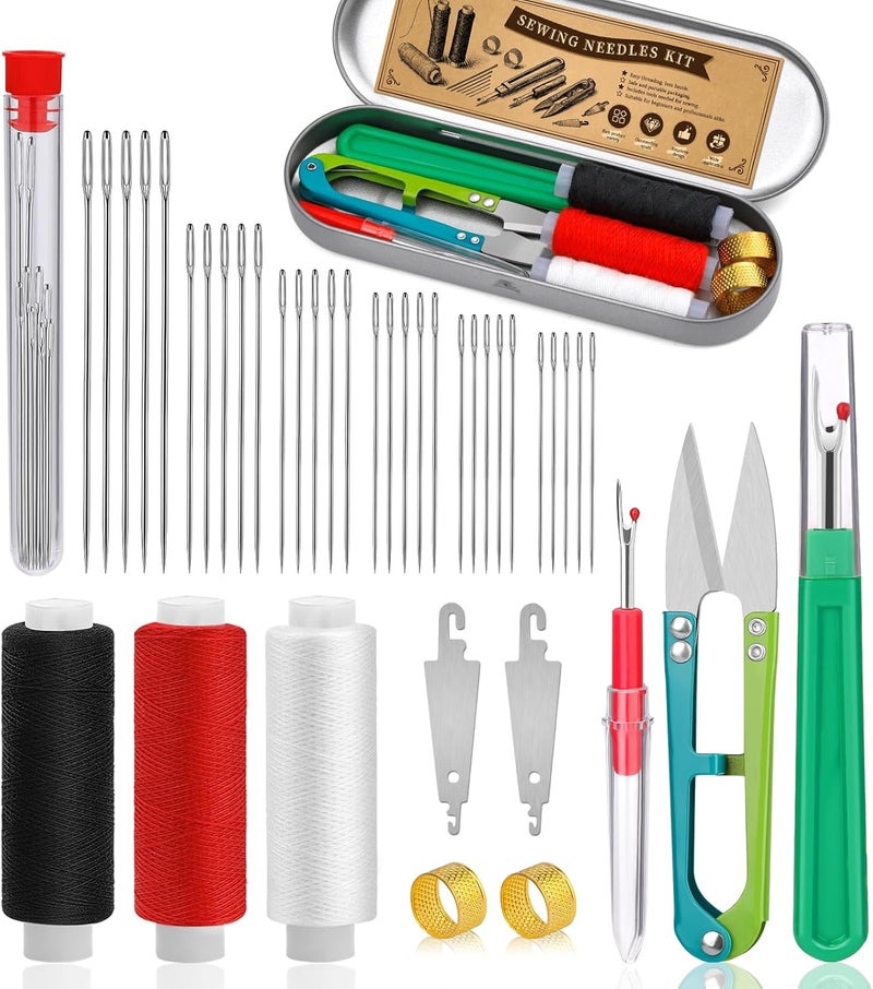 FOUSNOW 42 PCS Big Eye Steel Sewing Needles Kit, 6 Size Steel Needles for Hand Sewing, Needle and Thread Sewing Kit with Seam Ripper, Threader, Storage Box Supplies for Repairing Quilting Embroidery Crafts - Image 1
